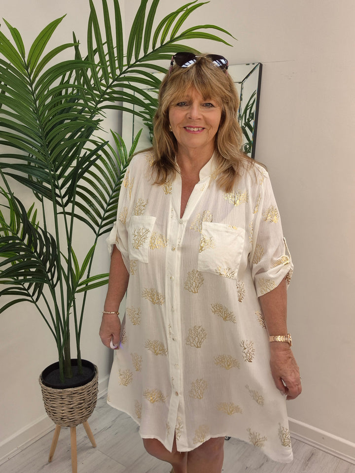 Ibiza Tree of Life Shirt Dress - White/Gold (Loose Fit)