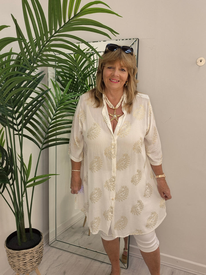 Ibiza Paisley Shirt Dress - White/Gold (Loose Fit)
