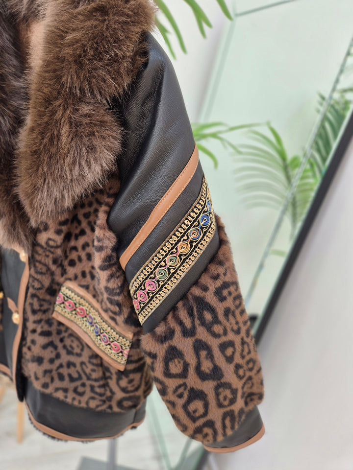 Oslo Faux Fur/Faux Leather Jacket - Chocolate Leopard - (Oversized fits Size 12/14 to Size 18/20/20)