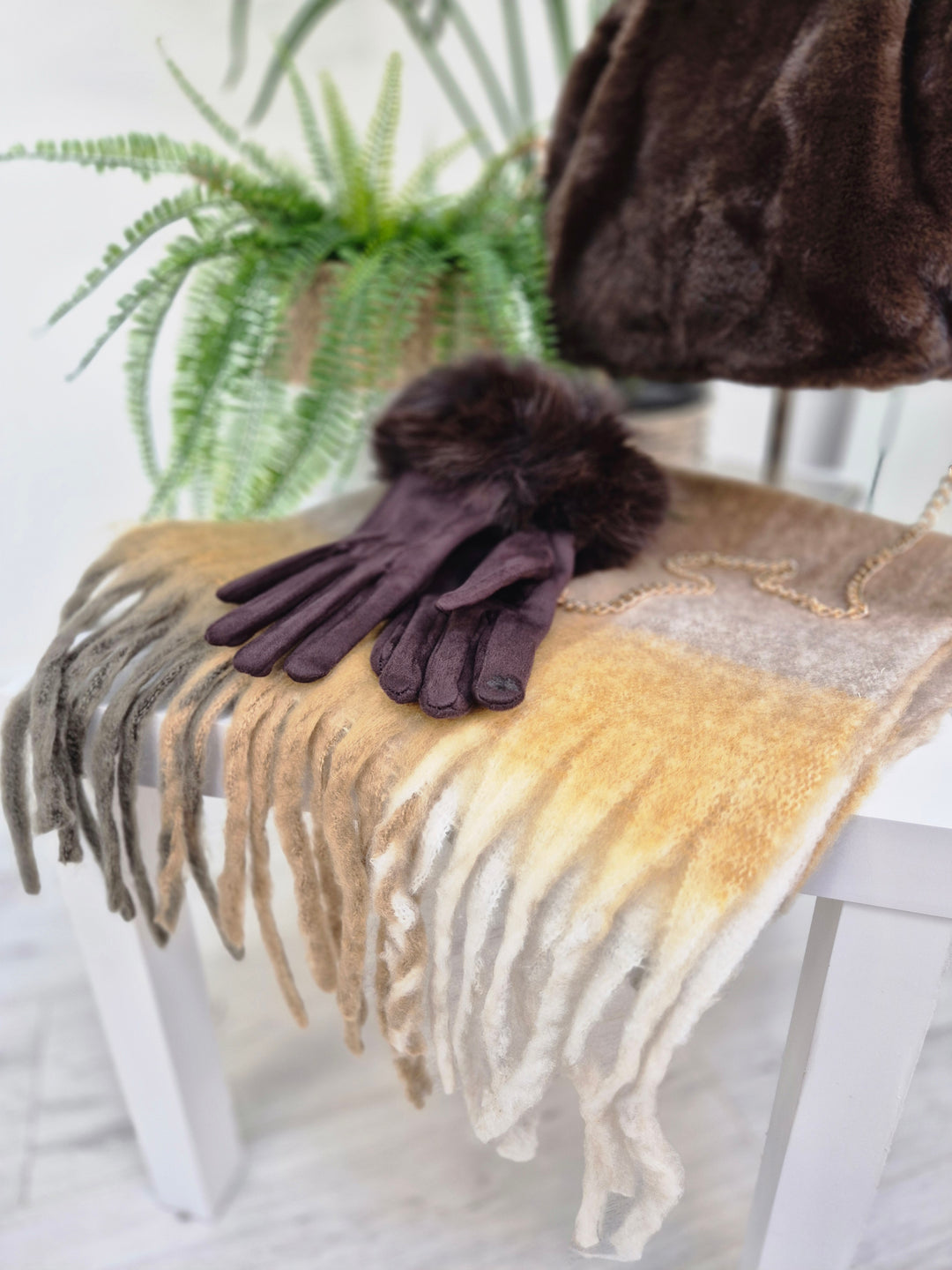 Checked Scarf with Fringing - Chocolate Multi