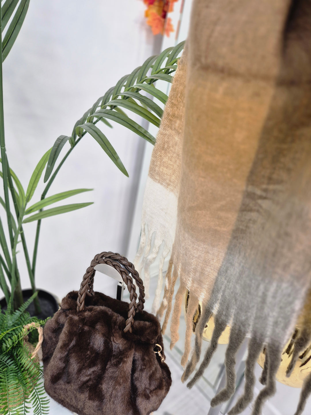 Checked Scarf with Fringing - Chocolate Multi