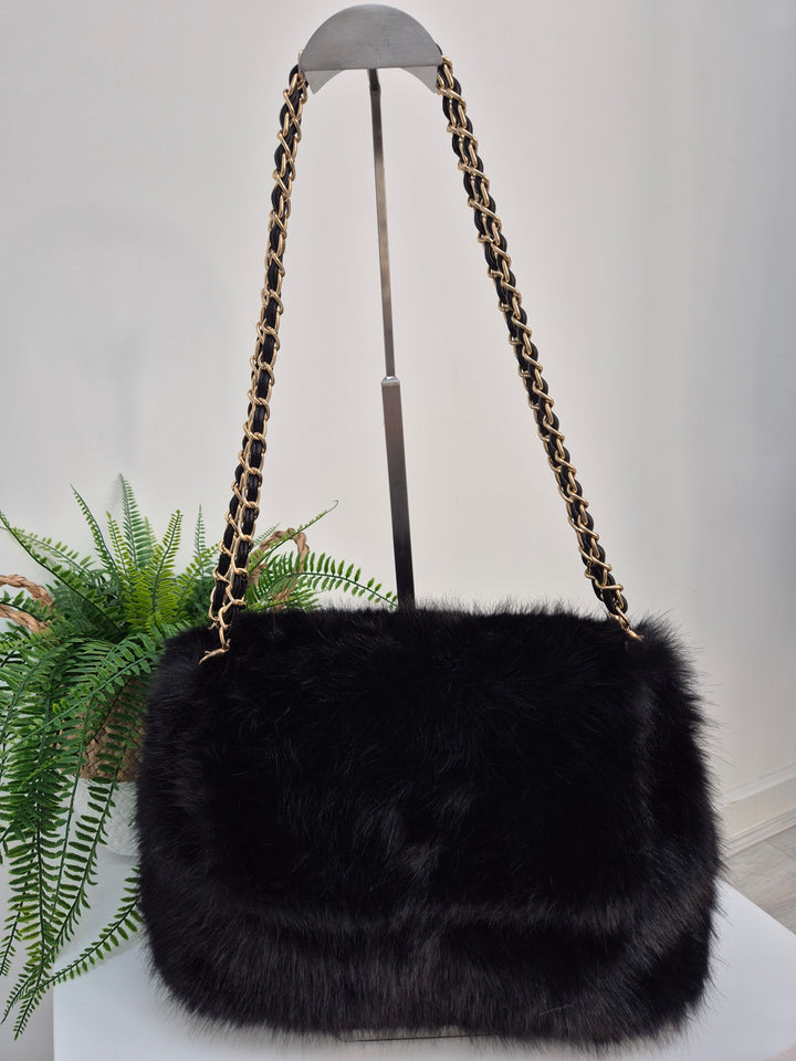 Oslo Faux Fur Bag with Gold Chain Link Dual Handles - Black