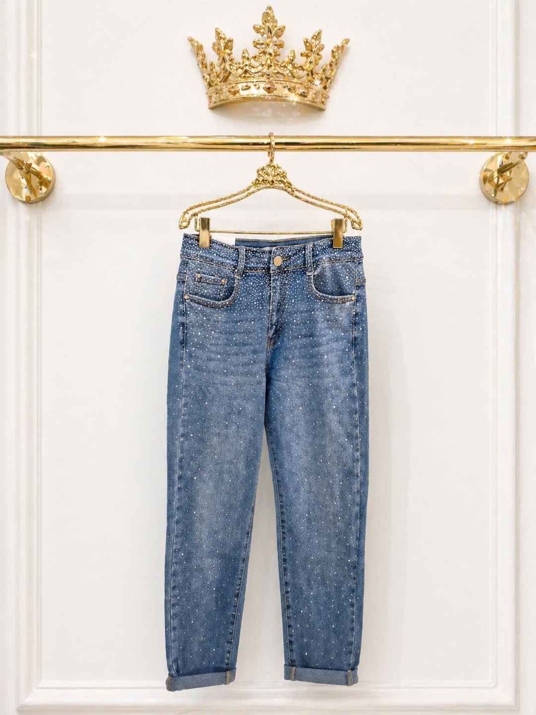 Sparkly Diamante Crystal Mom Jeans - Stonewashed (choose your Size)