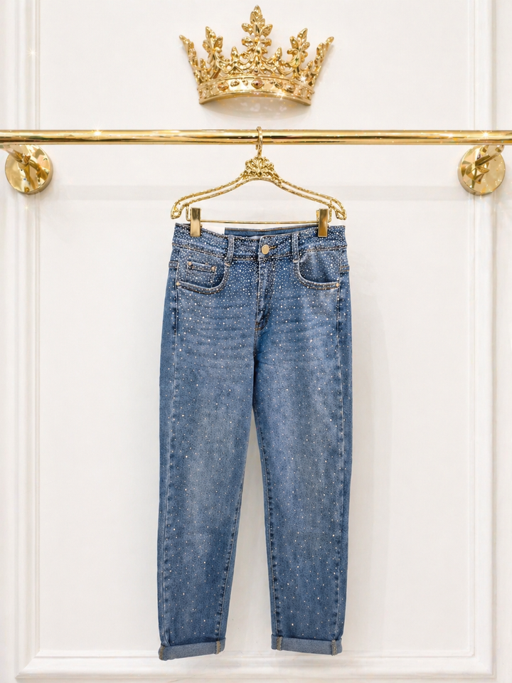 Sparkly Diamante Crystal Mom Jeans - Stonewashed (choose your Size)
