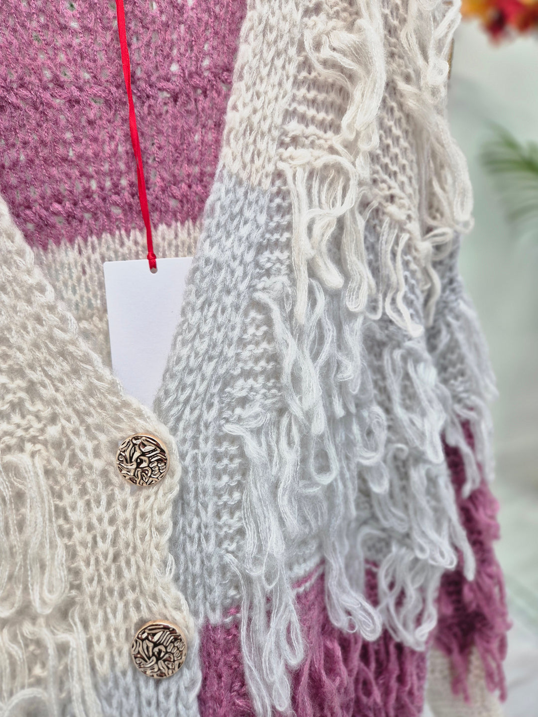 Shaggy Cardigan with Gold Buttons (Oversized) Long Length - Raspberry