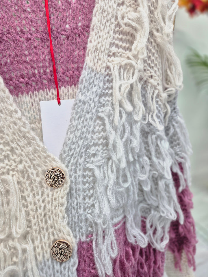Shaggy Cardigan with Gold Buttons (Oversized) Long Length - Raspberry