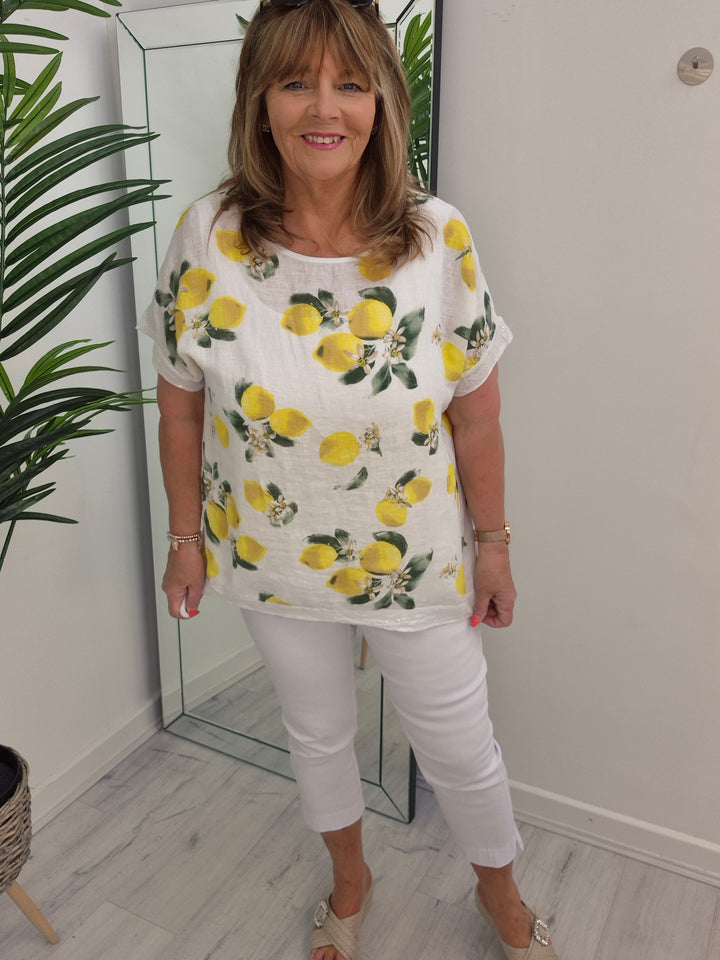 Santorini Sequin Trim Top - White/Lemon