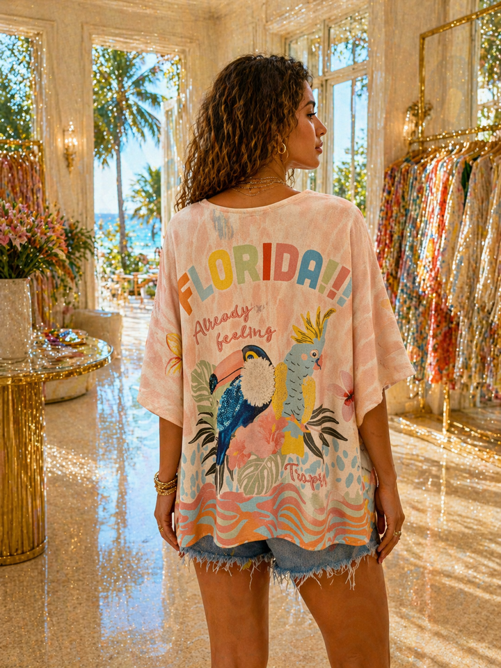 Carla Shimmer Oversized Top -  TROPICAL with Gold Foil & Sequins (One Size/Curvy fitting from Size 14/16 up to Size 20/22)