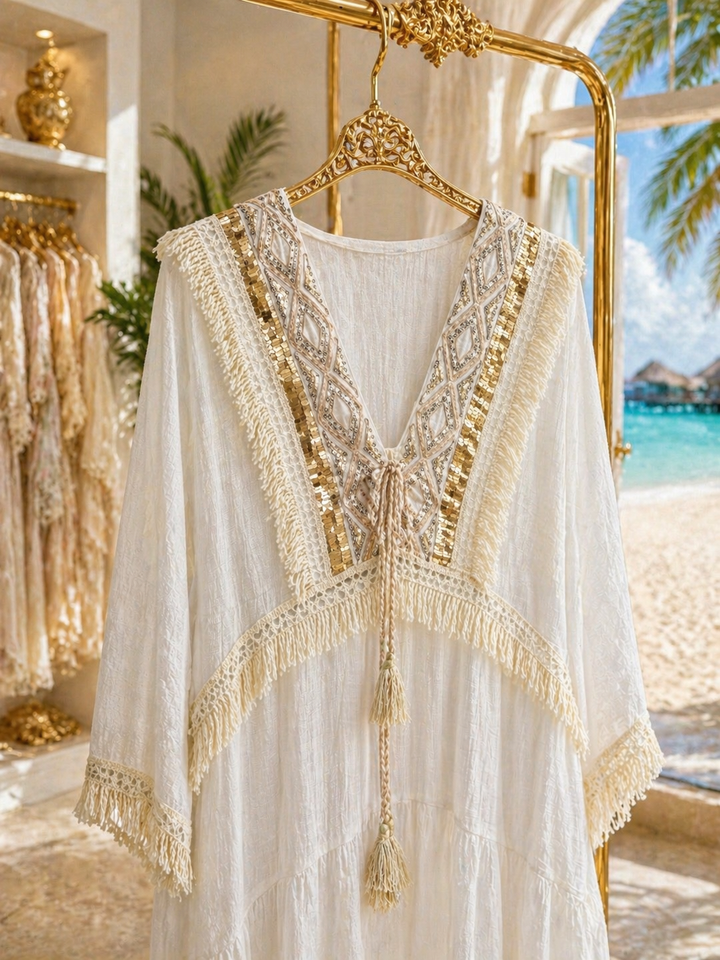 Marbella Beach Dress - One Size/Curvy - fits 14 up to Size 20) - White/Gold