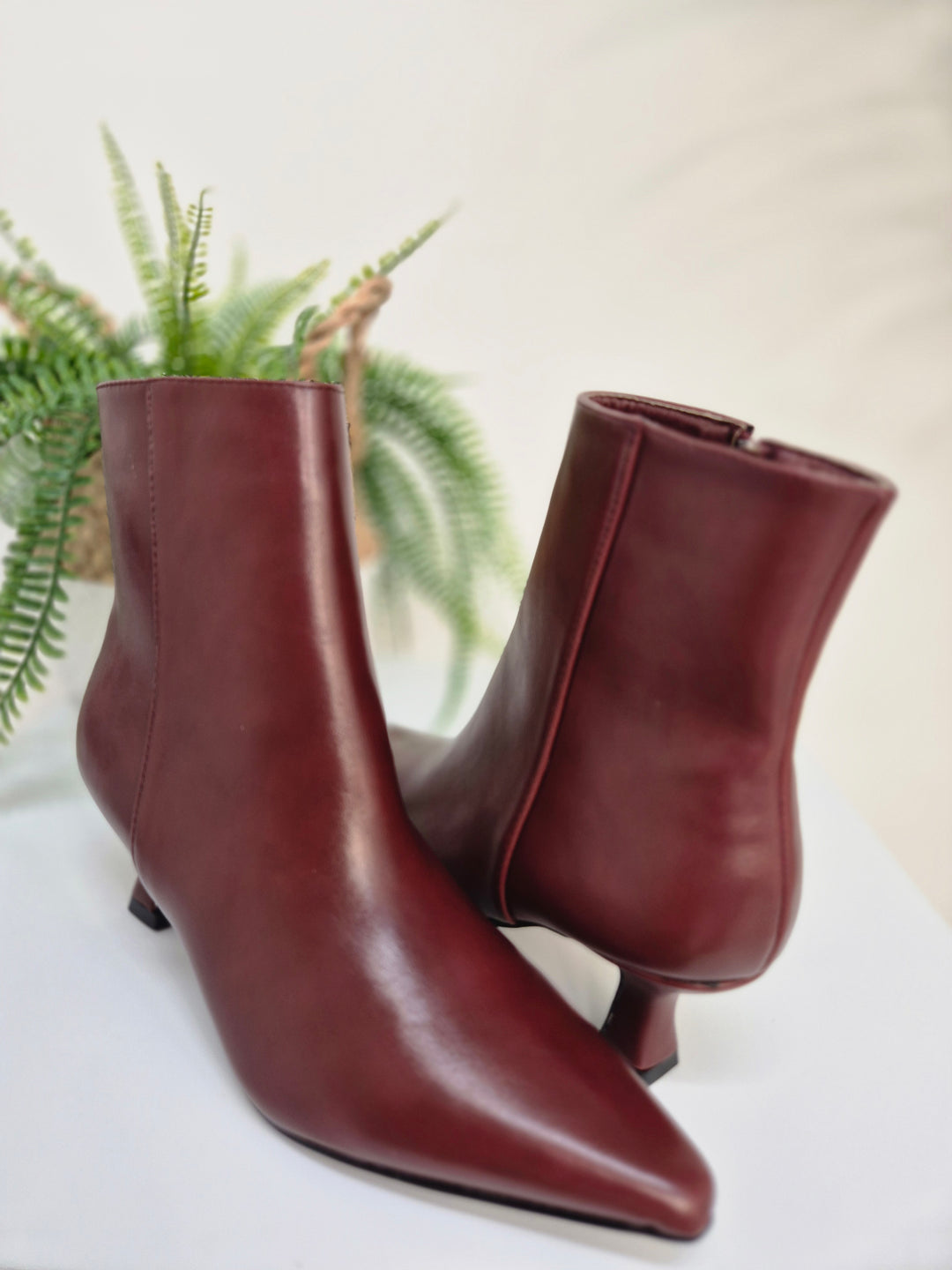 Mayfair Faux Leather Ankle Boots with Low Block Kitten Heel - Wine (choose your Size)