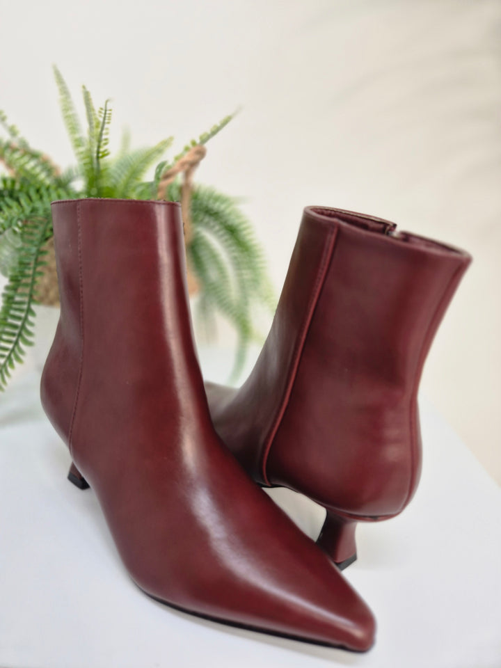 Mayfair Faux Leather Ankle Boots with Low Block Kitten Heel - Wine (choose your Size)