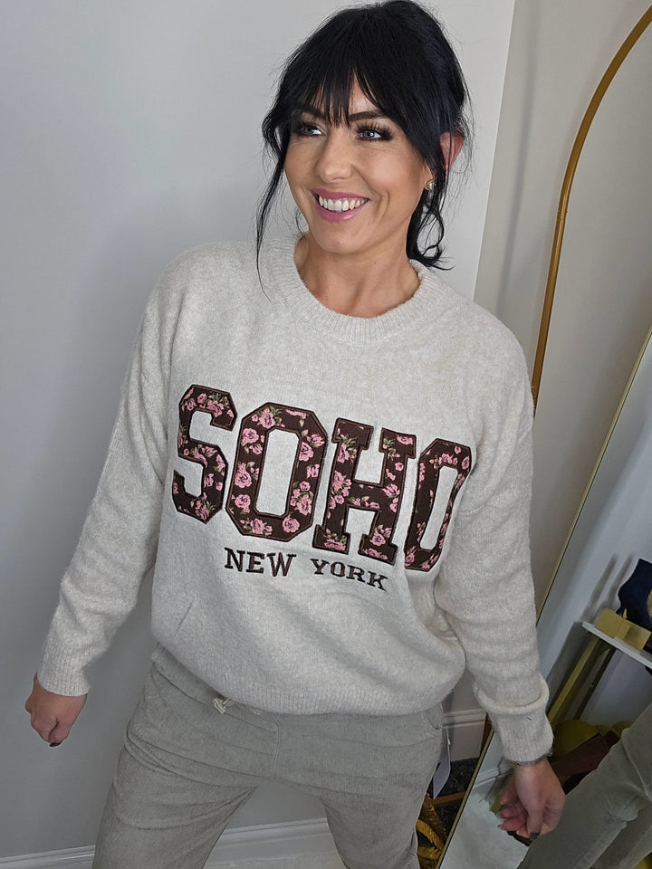 Soho Floral Super Soft Jumper - Oatmeal (One Size, fits from Size 8 up to Size 16)