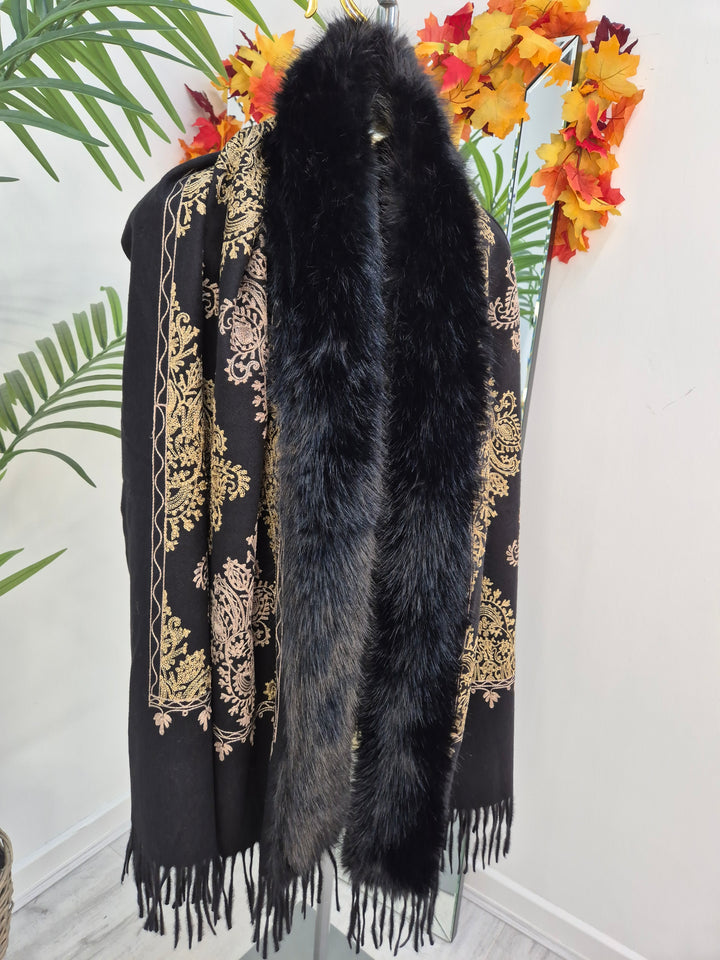 Oslo Faux Fur Shawl/Wrap - Black/Gold (Oversized)