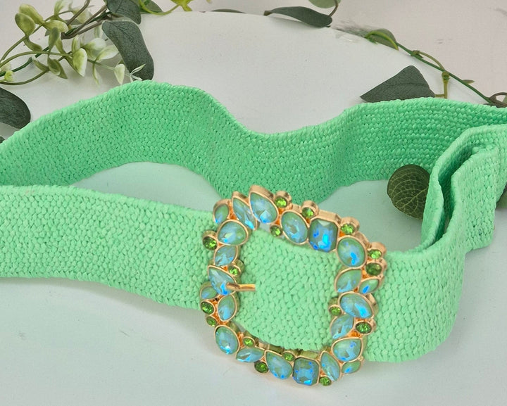 Crystal Buckle Belt (Stretchy Raffia) - (One Size) - Mint (Gold Tone)