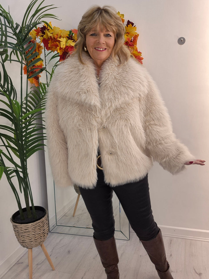 Oslo Faux Fur Shawl Collar Jacket - Creamy Stone (One Size/Curvy - fitting from Size 14 up to Size 18)