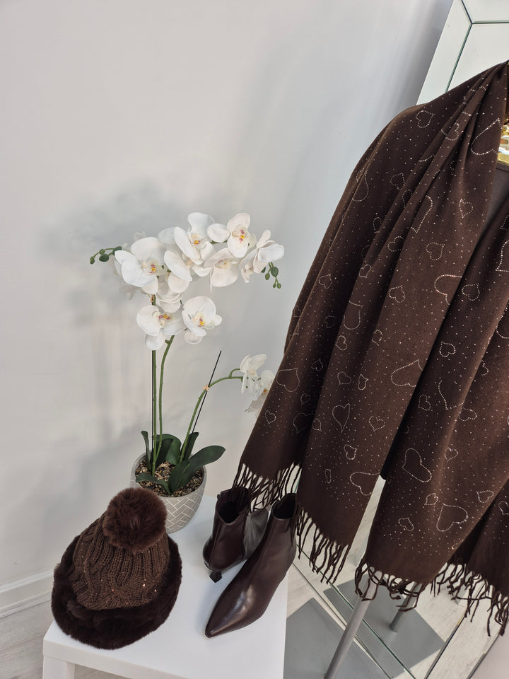 Sparkly Hearts Oversized Fringed Scarf - Chocolate