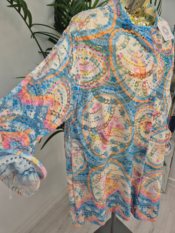 Alba Floral Double Fluted Sleeve Top - Aqua (Oversized, fitting from Size 14 up to Size 20)