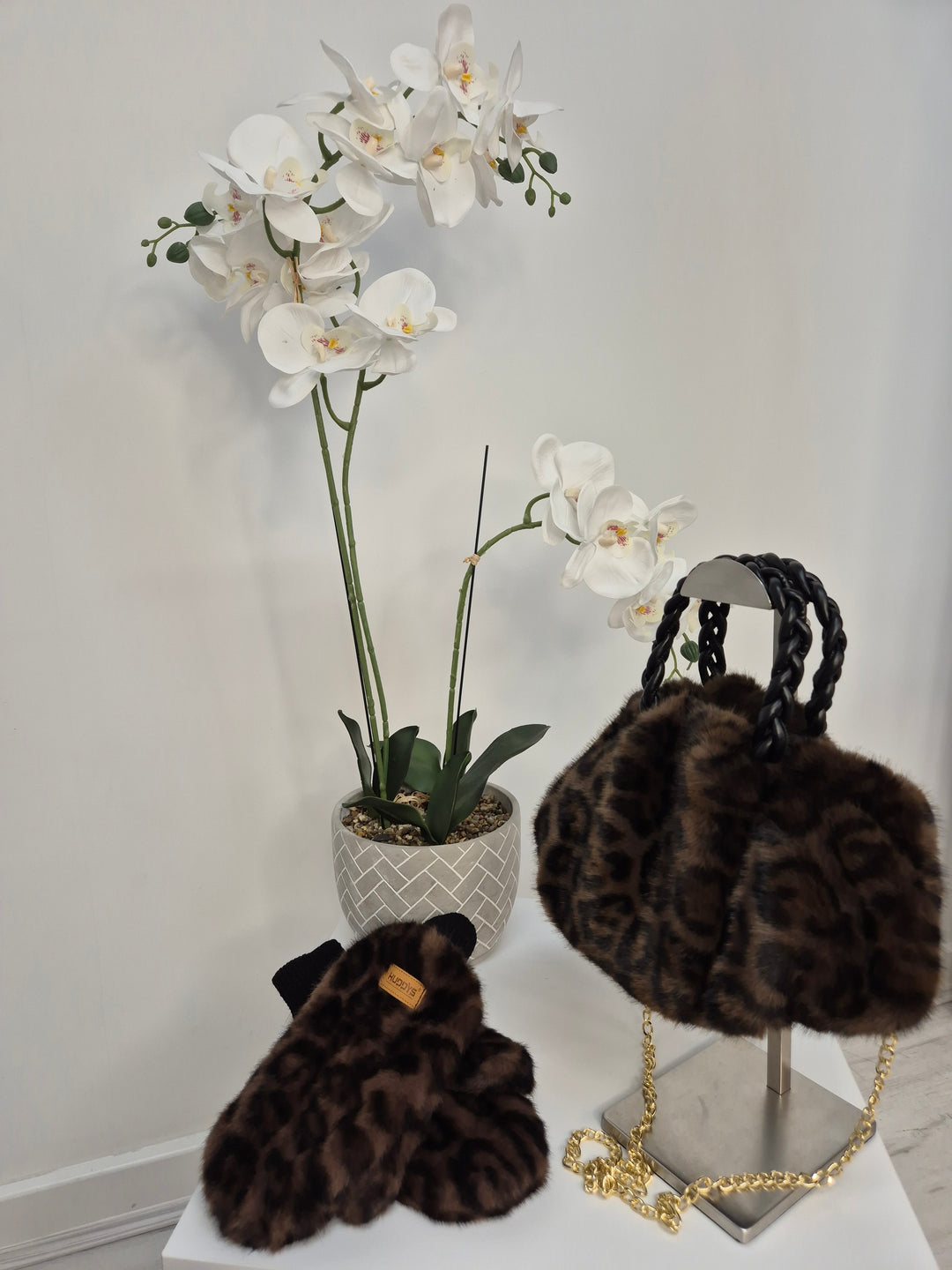 Oslo Faux Fur Bag with Gold Chain - Chocolate Leopard