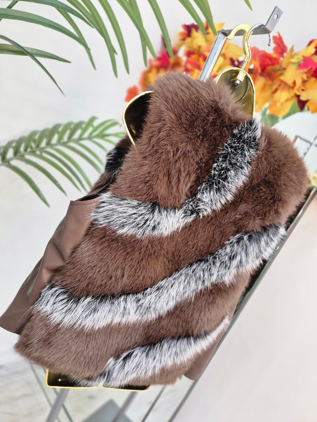 Oslo Faux Fur Two Tone Gilet with Crystal Fastenings - Chocolate (One Size - fits up to Size 10 up to Size 16)