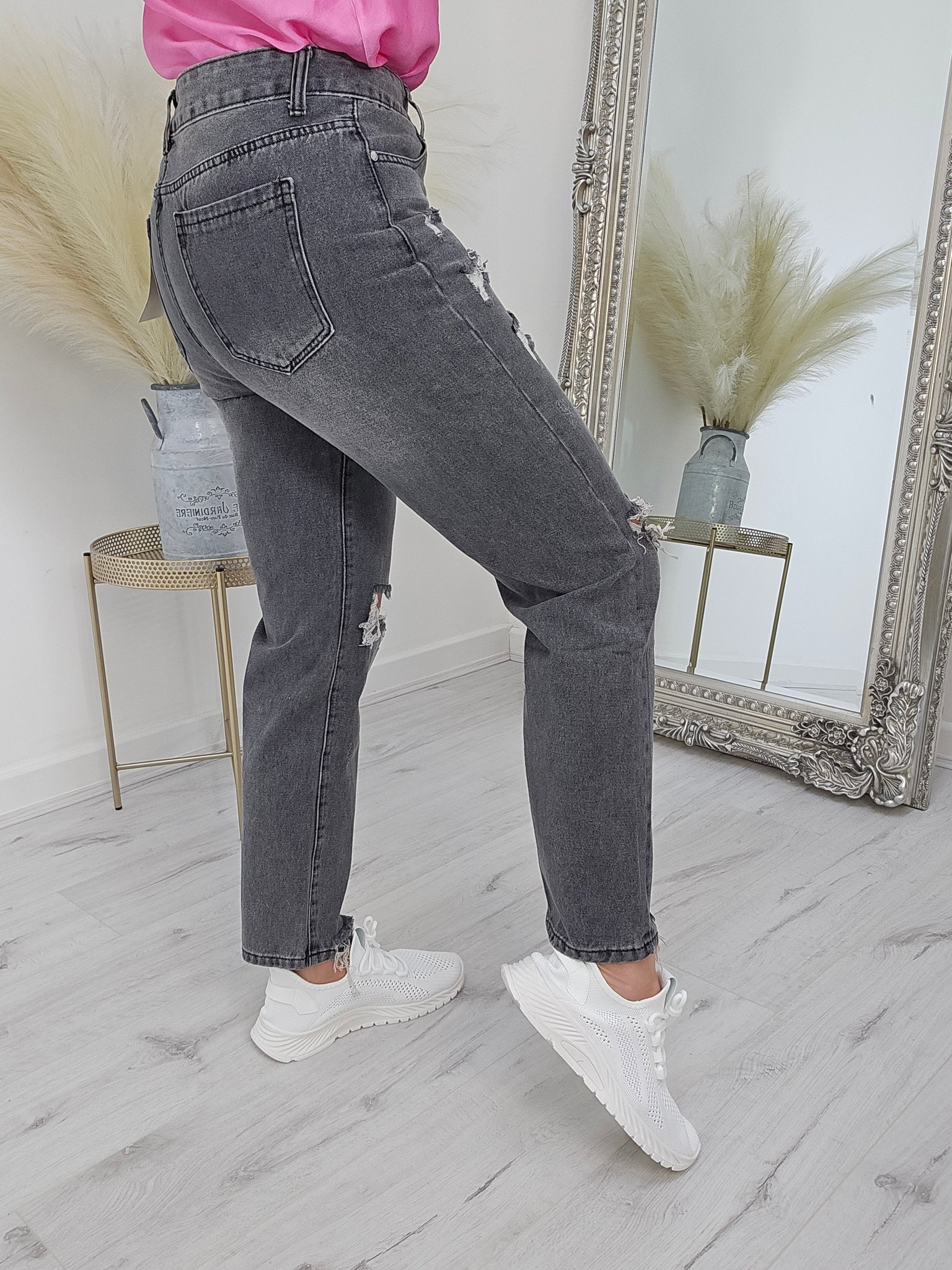 G Smack Mom Jeans - Ripped/Distressed Grey Stonewashed (Sized)