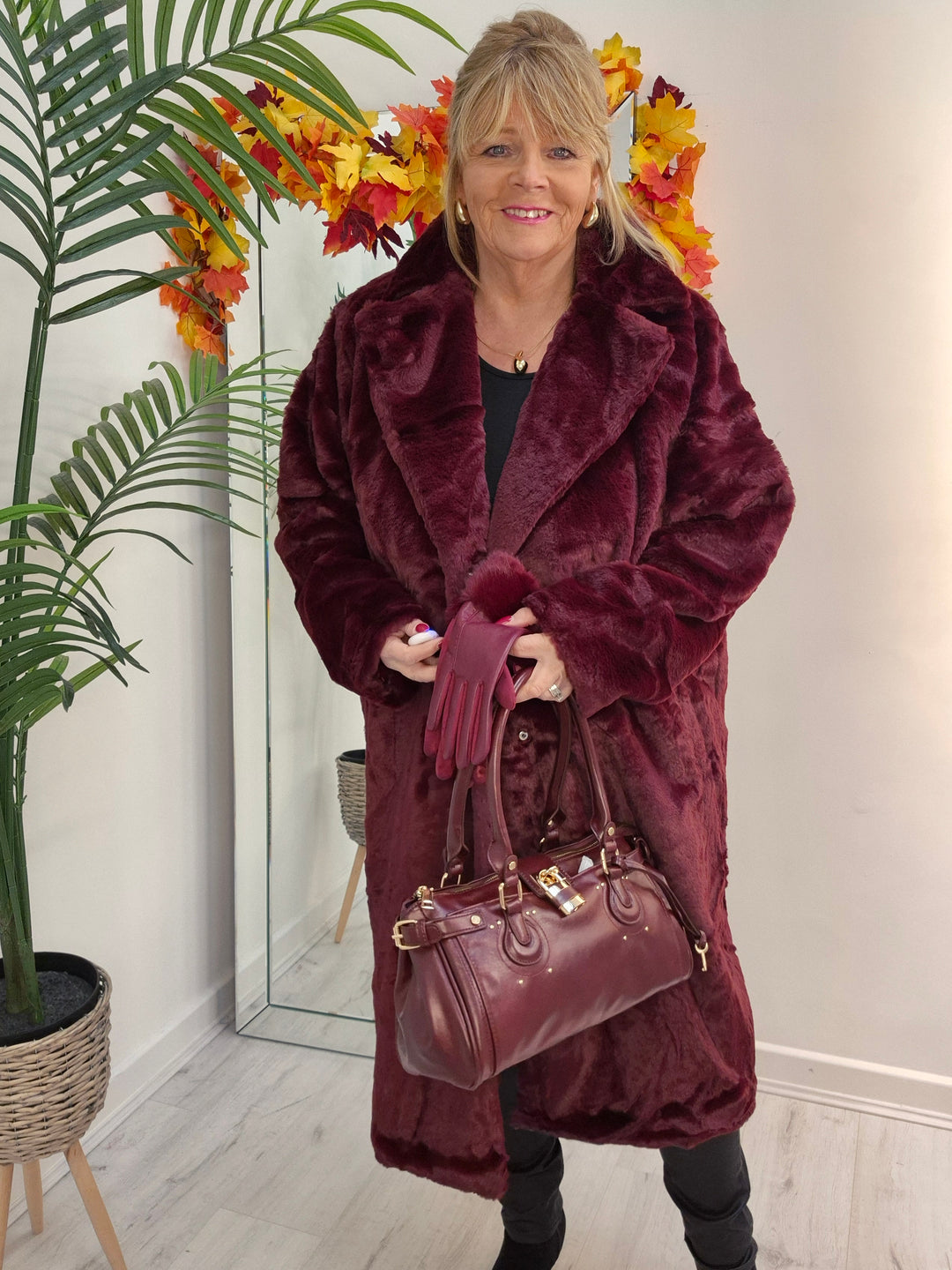 Oslo Faux Fur Longline Coat - Wine (choose your Size)
