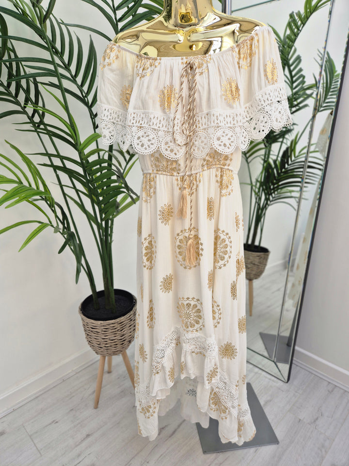 Ibiza Florals Bardot Dress - White/Gold (One Size, fits up to Size 16)