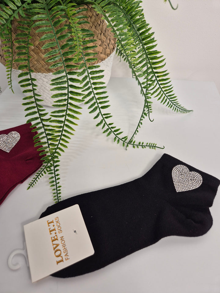 Diamante Heart Soft Socks - (choose from Black or Wine)