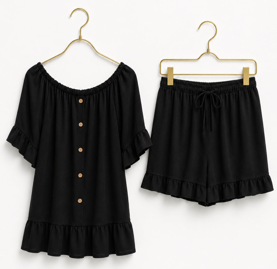 Seville Bardot Co-ord Set Shorts & Top (Two Piece Set) One Size, fits up to Size 16 - Black
