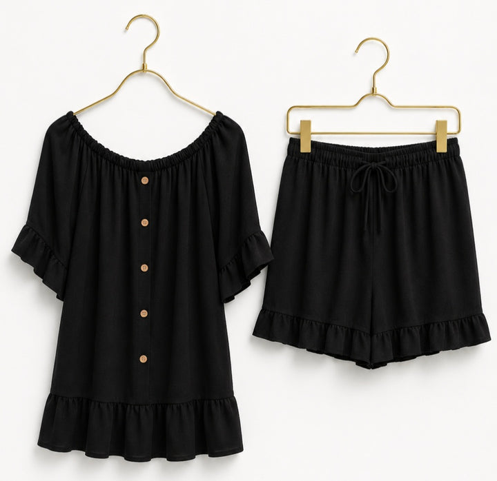 Seville Bardot Co-ord Set Shorts & Top (Two Piece Set) One Size, fits up to Size 16 - Black