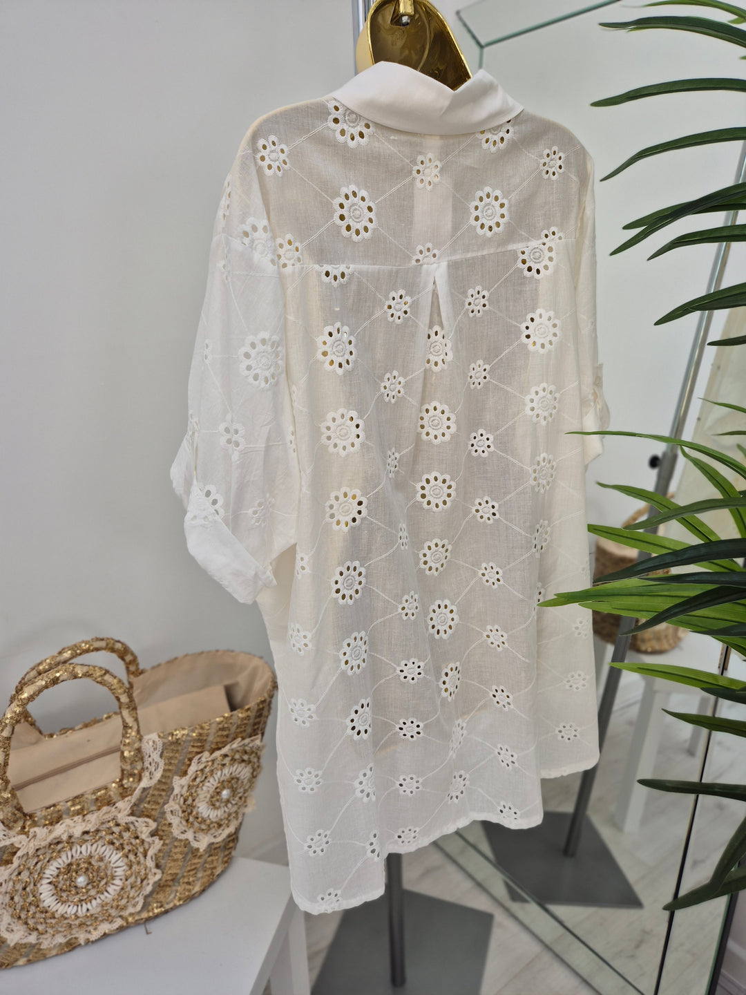 Zeta Otto Broderie Anglaise Blouse with Crystals - White (Oversized)