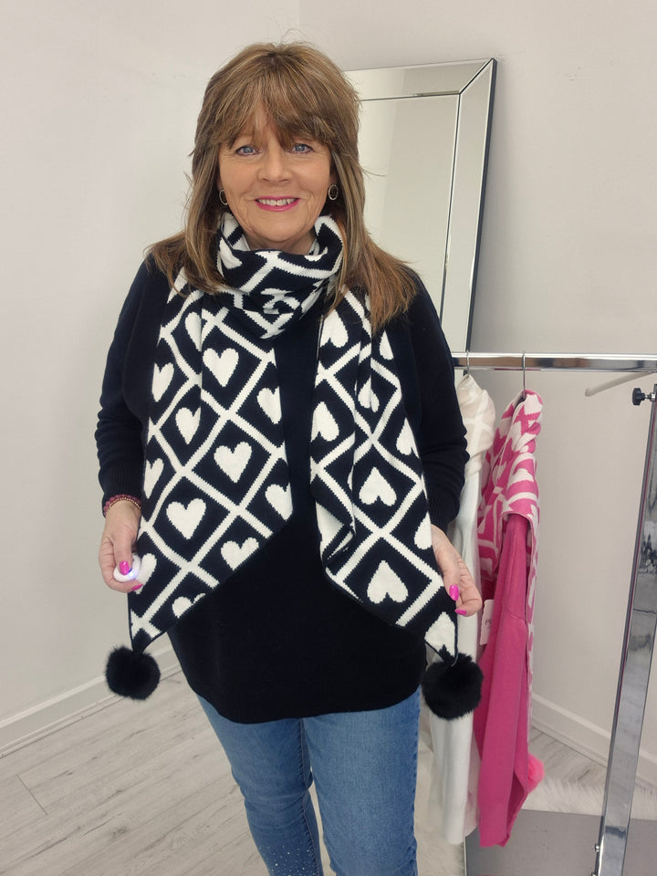 Love Jumper & Scarf with Pom Poms - Black (Curvy)