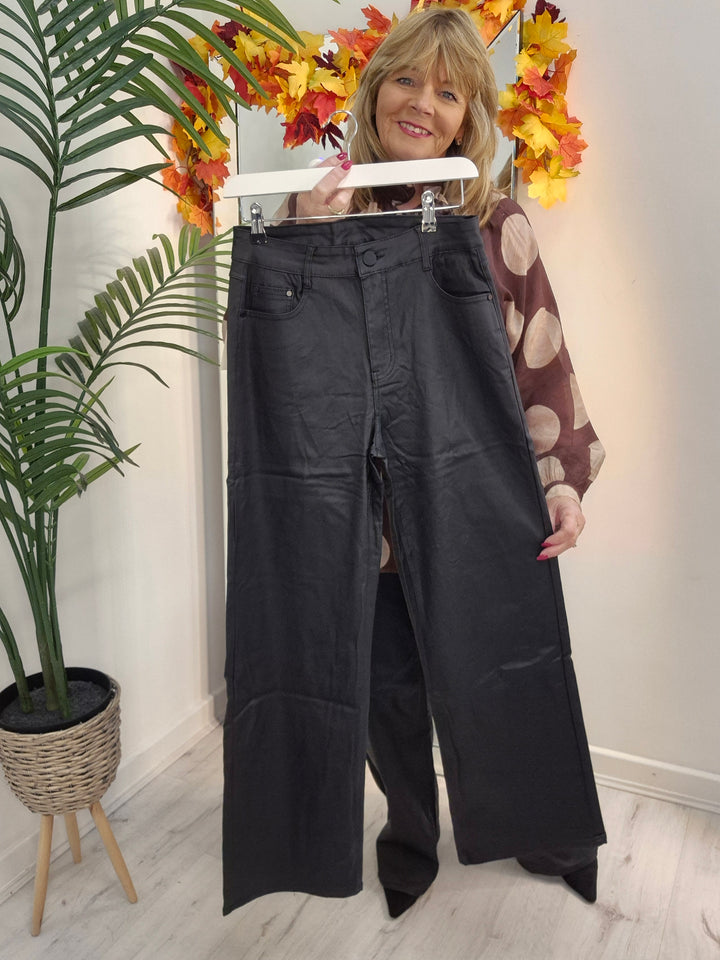 Noir PU Coated Wide Leg Jeans - Black (G Smack) - (choose your Size)