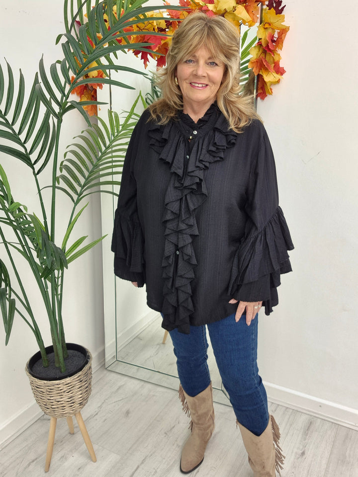 Rhea Ruffle Blouse - (One Size, fits from Size 14 up to Size 18/20) - Black
