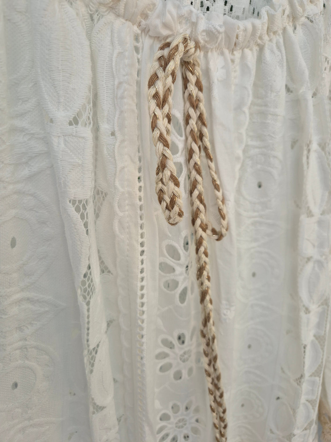 Marbella Bardot Beach Dress with Gold Sequins & Tassels (One Size/Curvy, fits from Size 14 up to Size 18) - White