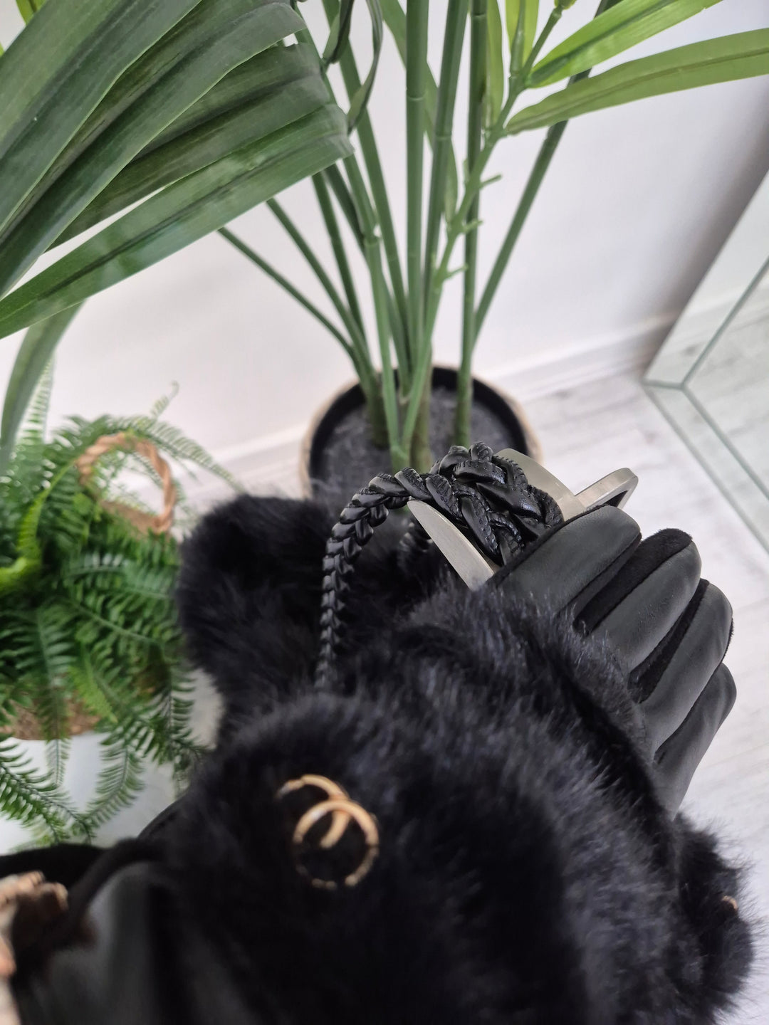 Oslo Gloves with Faux Leather & Faux Fur - Black with Gold Tone Logo