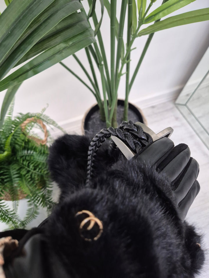 Oslo Gloves with Faux Leather & Faux Fur - Black with Gold Tone Logo