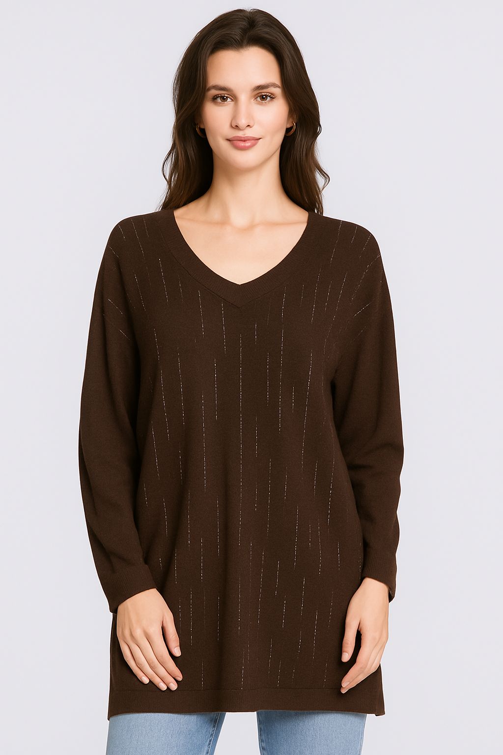 Davina Sparkly V Neck Jumper - Chocolate (One Size/Curvy, fits from Size 12/14 up to Size 18)