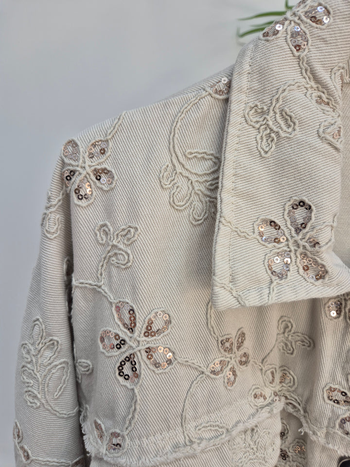 Dana Floral Sparkly Denim Shacket - Beige (One Size/Curvy, fitting from Size 10/12 up to Size 18)