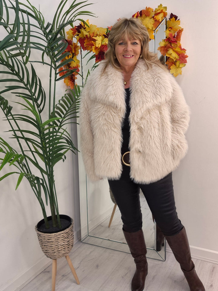 Oslo Faux Fur Shawl Collar Jacket - Creamy Stone (One Size/Curvy - fitting from Size 14 up to Size 18)