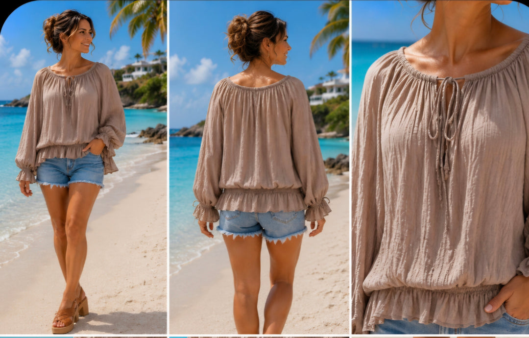 Elizabeth Bardot Top with Peplum - One Size/Curvy, fits from Size 14 up to Size 18/20) - Mocha