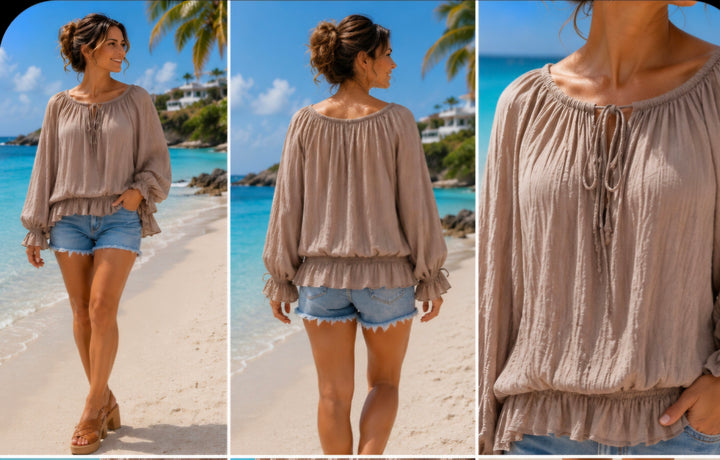 Elizabeth Bardot Top with Peplum - One Size/Curvy, fits from Size 14 up to Size 18/20) - Mocha