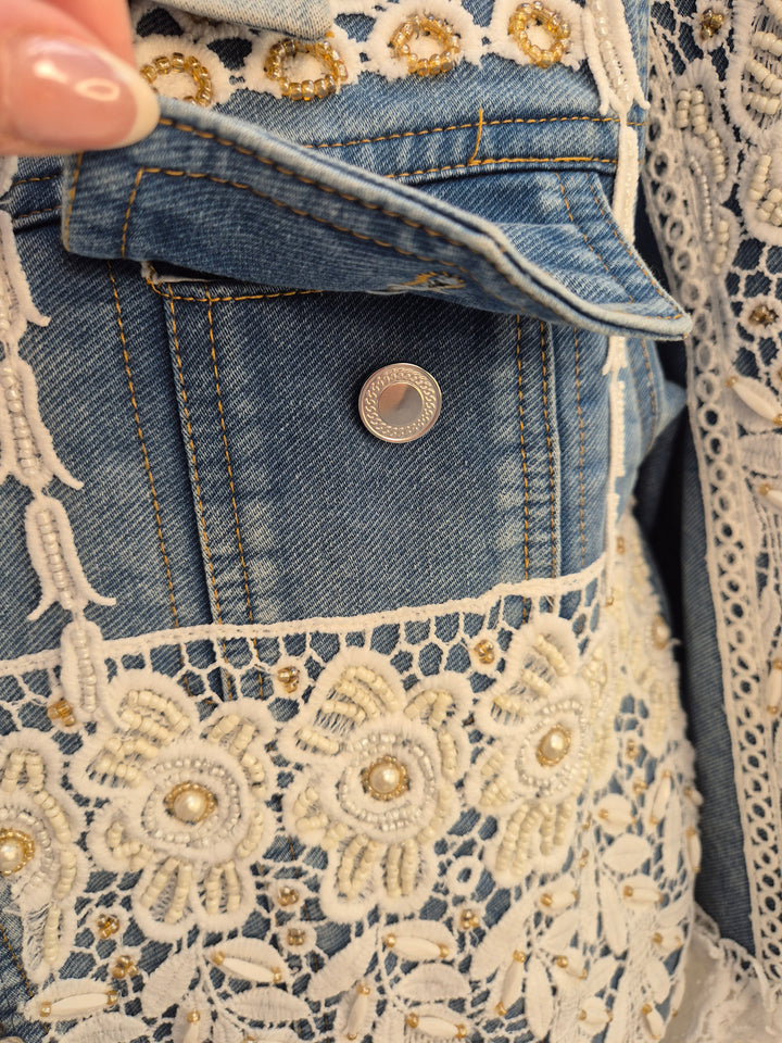 Elle Lace Tassel Denim Jacket - Light/Mid Stonewashed (One Size, fitting from Size 10 up to 14)