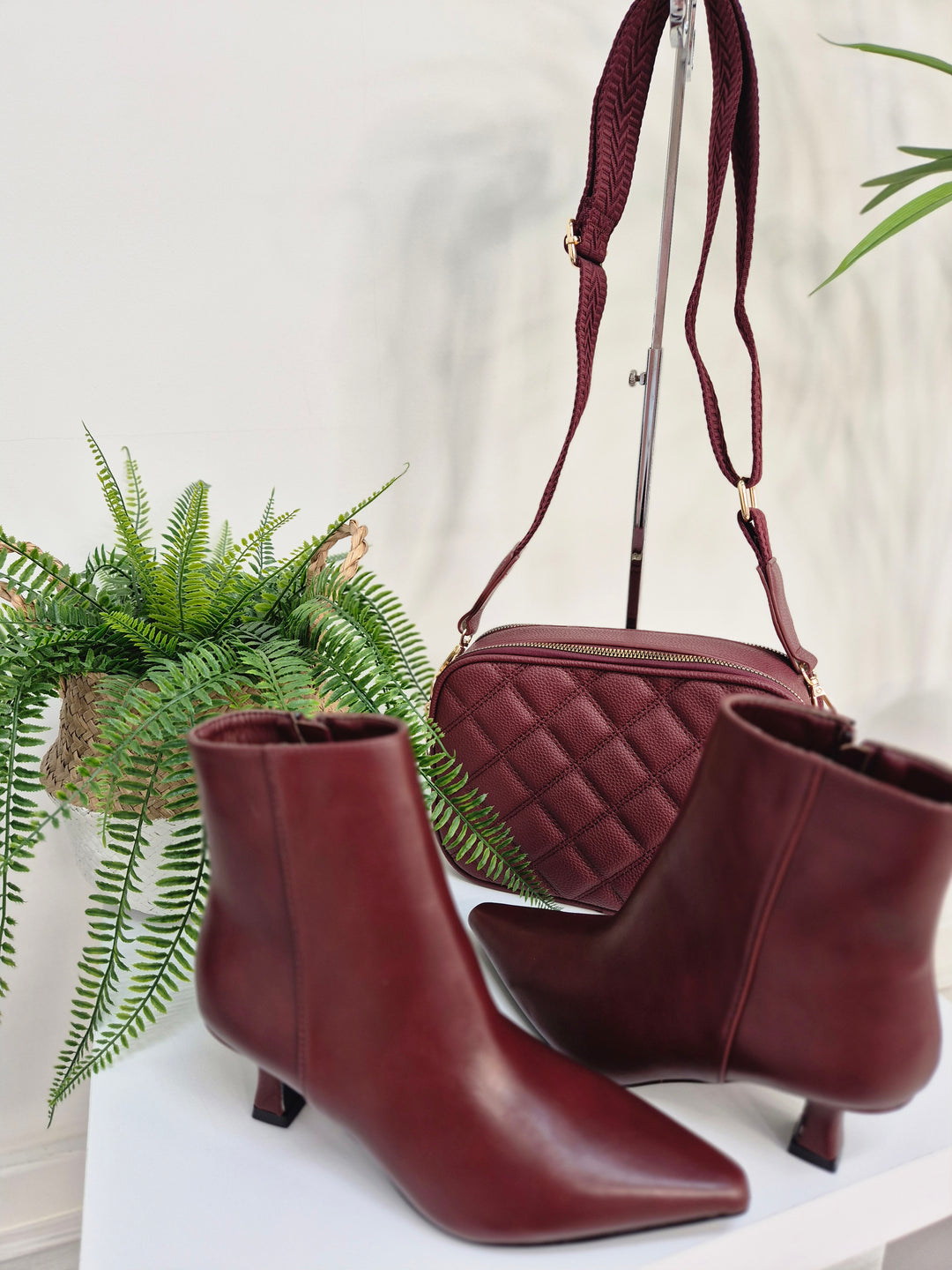 Mayfair Faux Leather Ankle Boots with Low Block Kitten Heel - Wine (choose your Size)