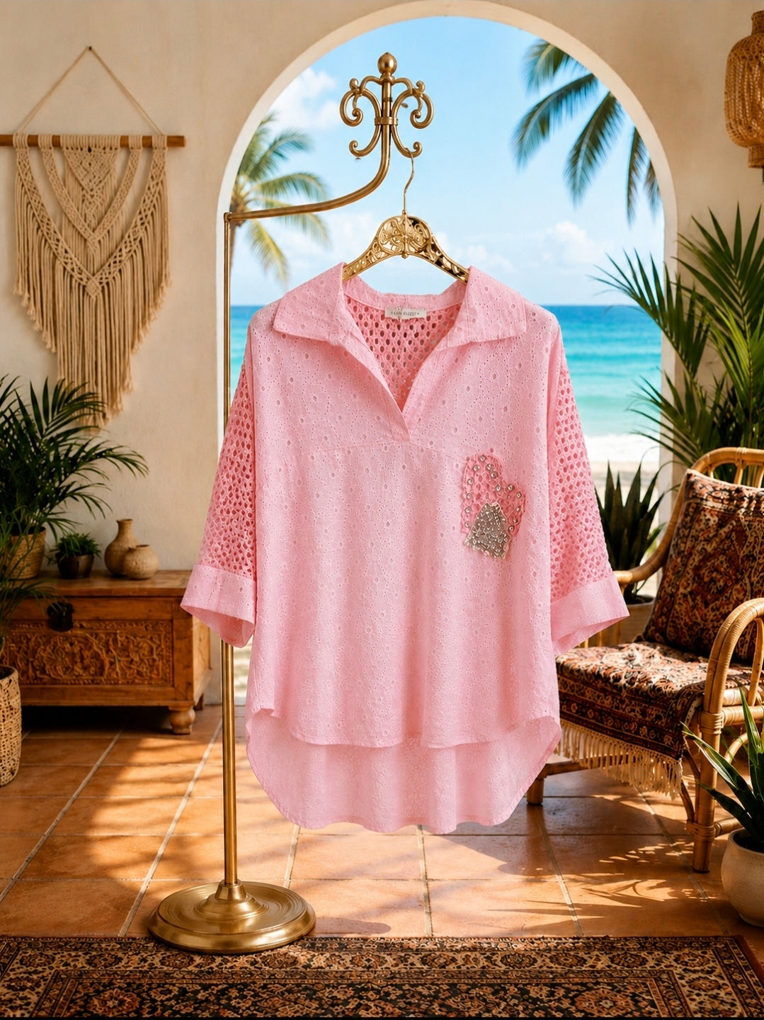 Crystal Oversized Hearts & Sequin Top - Pink (One Size/Curvy - fits Size 14 to 18)