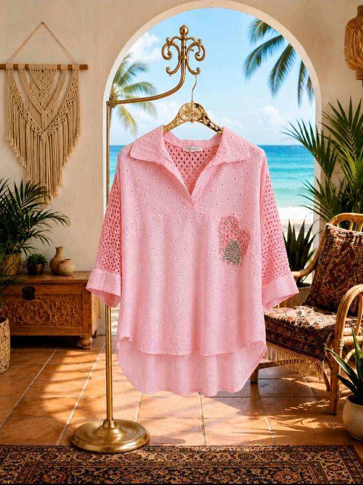 Crystal Oversized Hearts & Sequin Top - Pink (One Size/Curvy - fits Size 14 to 18)