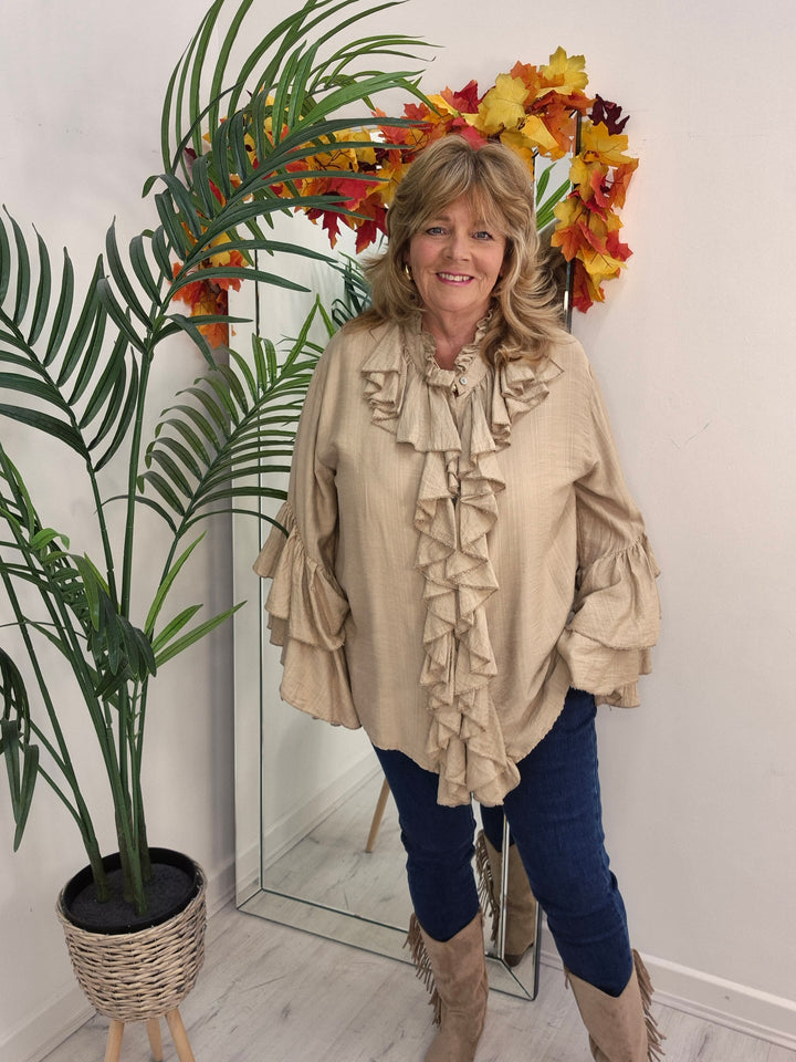 Rhea Ruffle Blouse - (One Size, fits from Size 14 up to Size 18/20) - Champagne