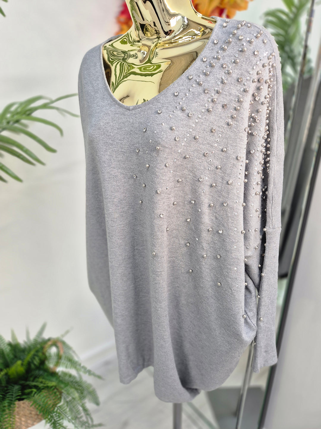 Celine Crystals, Pearls & Diamantes Oversized Jumper with V Neck (choose your Colour) (One Size/Curvy, fits from Size 12 up to Size 18)