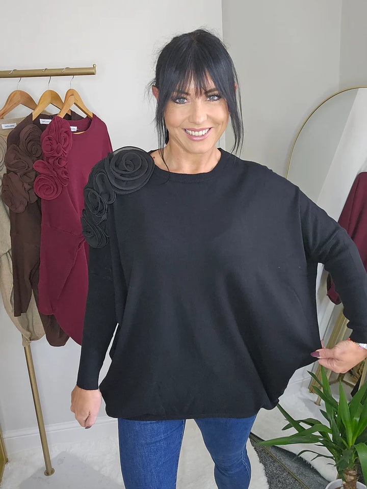 Corsage Oversized Jumper - Black (fitting from Size 14 up to Size 20)