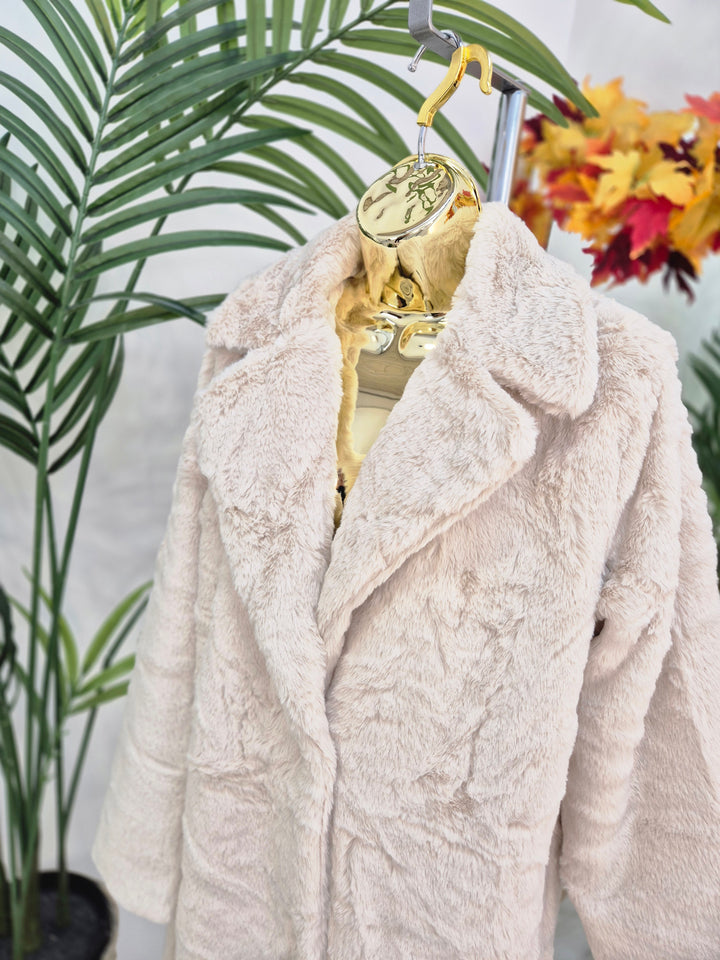 Oslo Faux Fur Longline Coat - Cream (choose your Size)