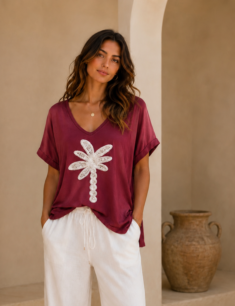 Palm Sparkly Oversized Top - (One Size/Curvy Size, fits from Size 14 up to Size 18/20) - Berry